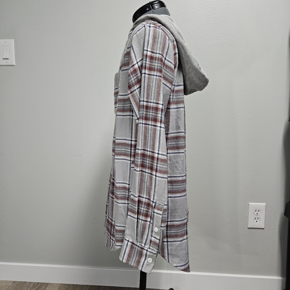 Pacsun Hooded Grey Plaid Button Up Oversize Flannel Shacket Jacket Womens Small - Picture 7 of 13